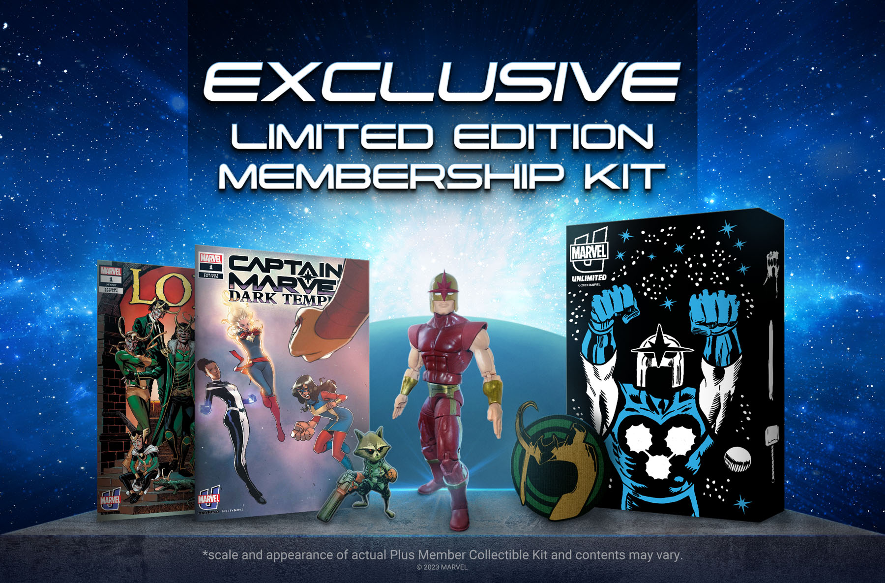 Annual Plus Membership Kit featuring a figure, pin, patch, comics and box.